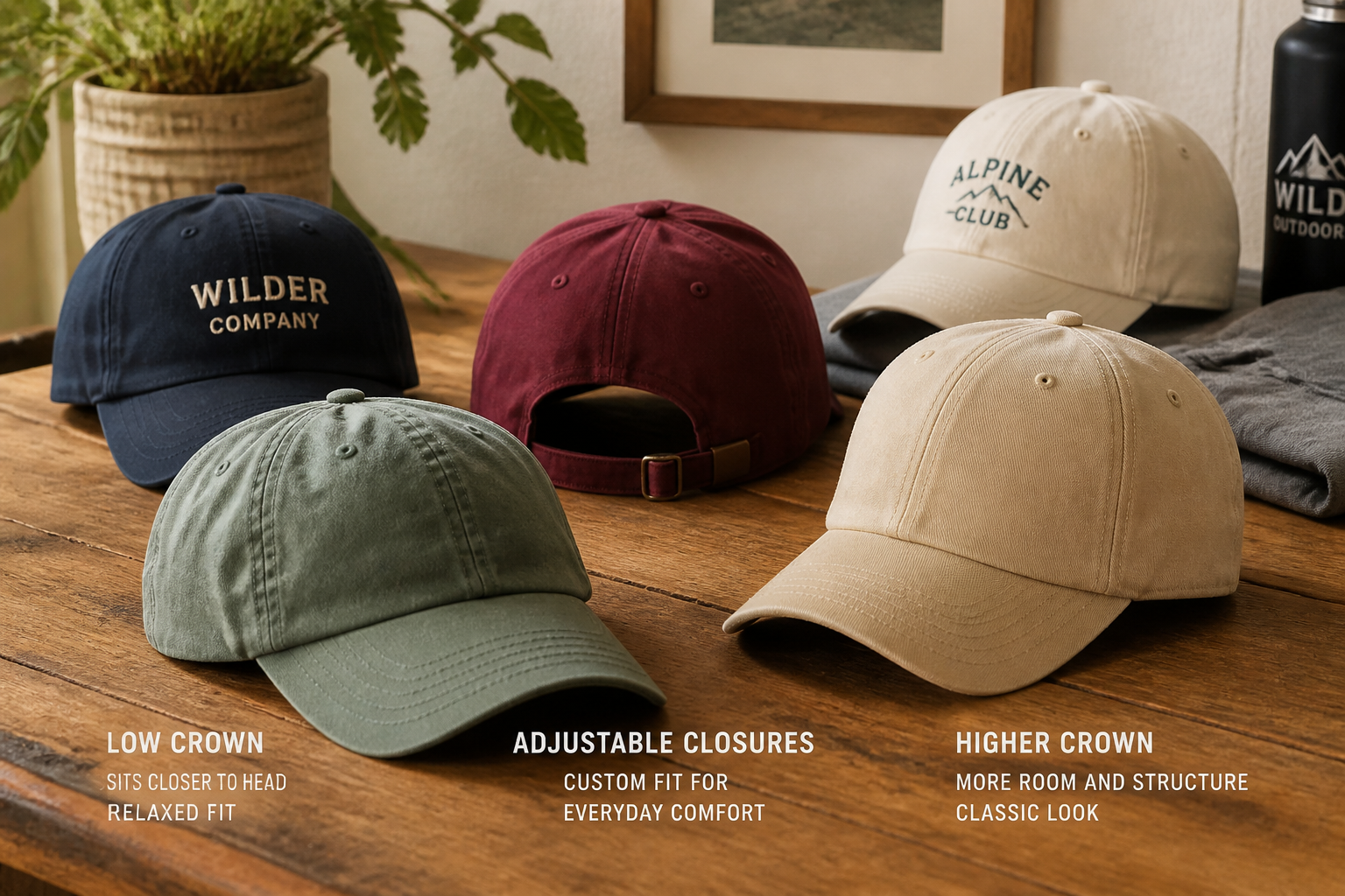 Several baseball caps with different crown heights and curved brims arranged on a wooden surface