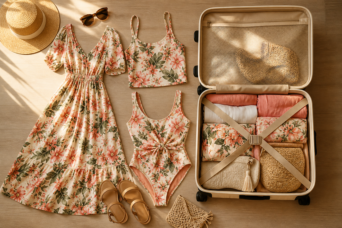 Floral travel clothing and accessories arranged beside an open suitcase.