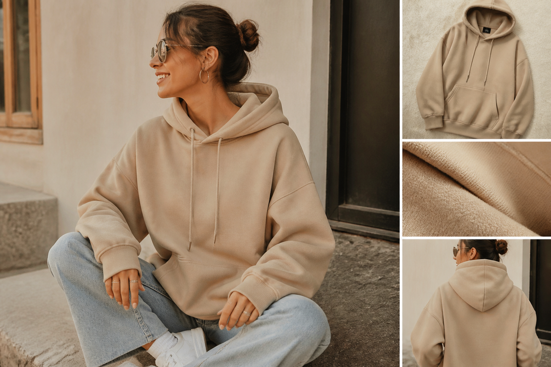 Person wearing a relaxed-fit unisex hoodie with casual everyday outfit in warm natural light