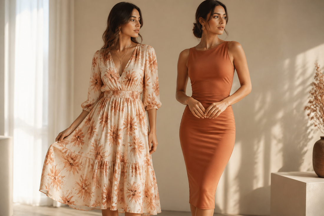 Two women standing side by side, one in a floral midi dress and one in a fitted bodycon midi dress.