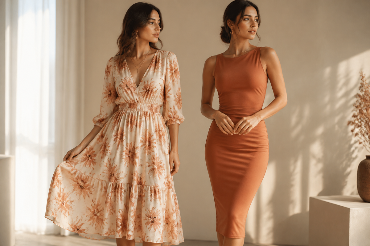Two women standing side by side, one in a floral midi dress and one in a fitted bodycon midi dress.