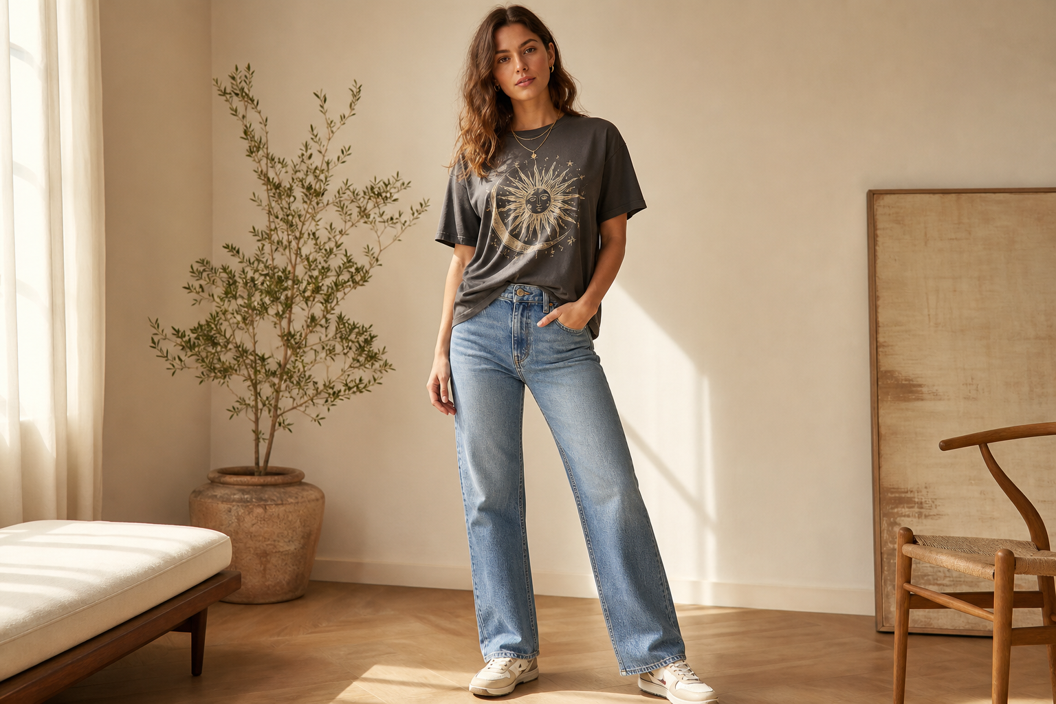 Woman wearing a graphic tee with jeans and sneakers in warm natural light