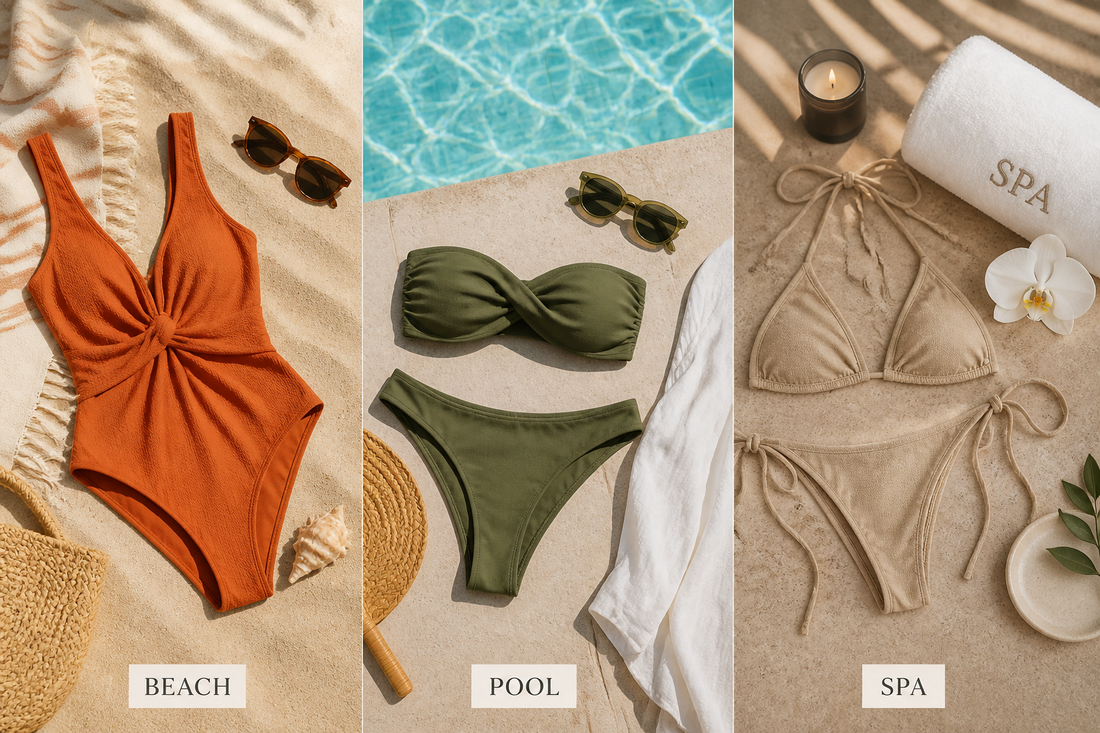 Women's swimwear flat lay with one-piece and bikini styles arranged for beach, pool, and spa use.