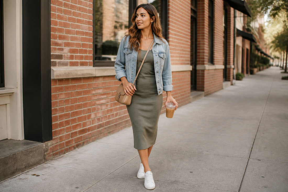 Woman in a midi bodycon dress with sneakers, denim jacket, and crossbody bag during the day