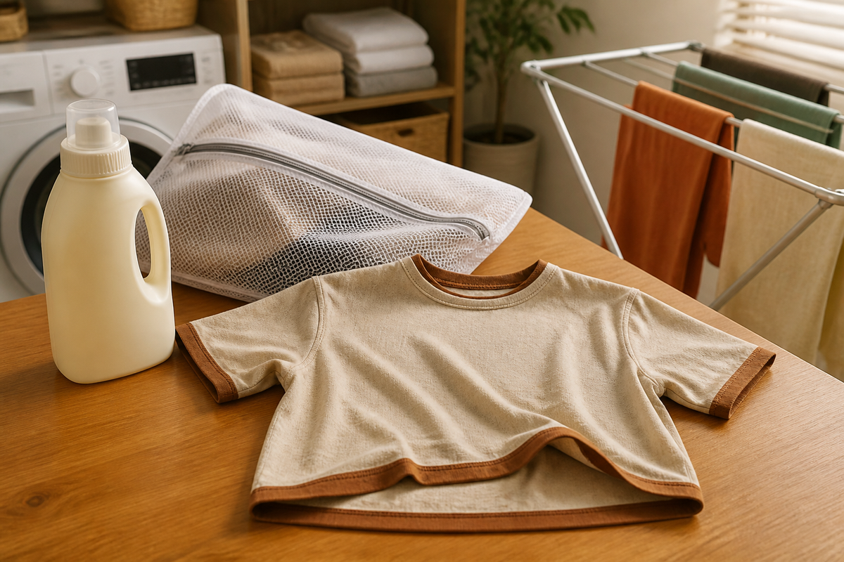 Graphic t-shirt turned inside out next to mild detergent and a drying rack