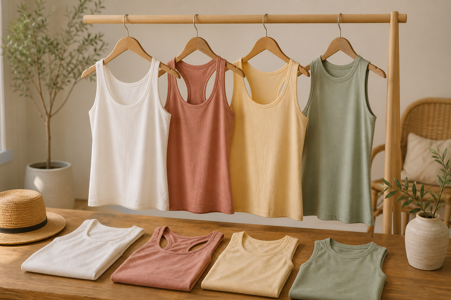 Several women's tank tops in different styles and colors displayed on a clothing rack and table