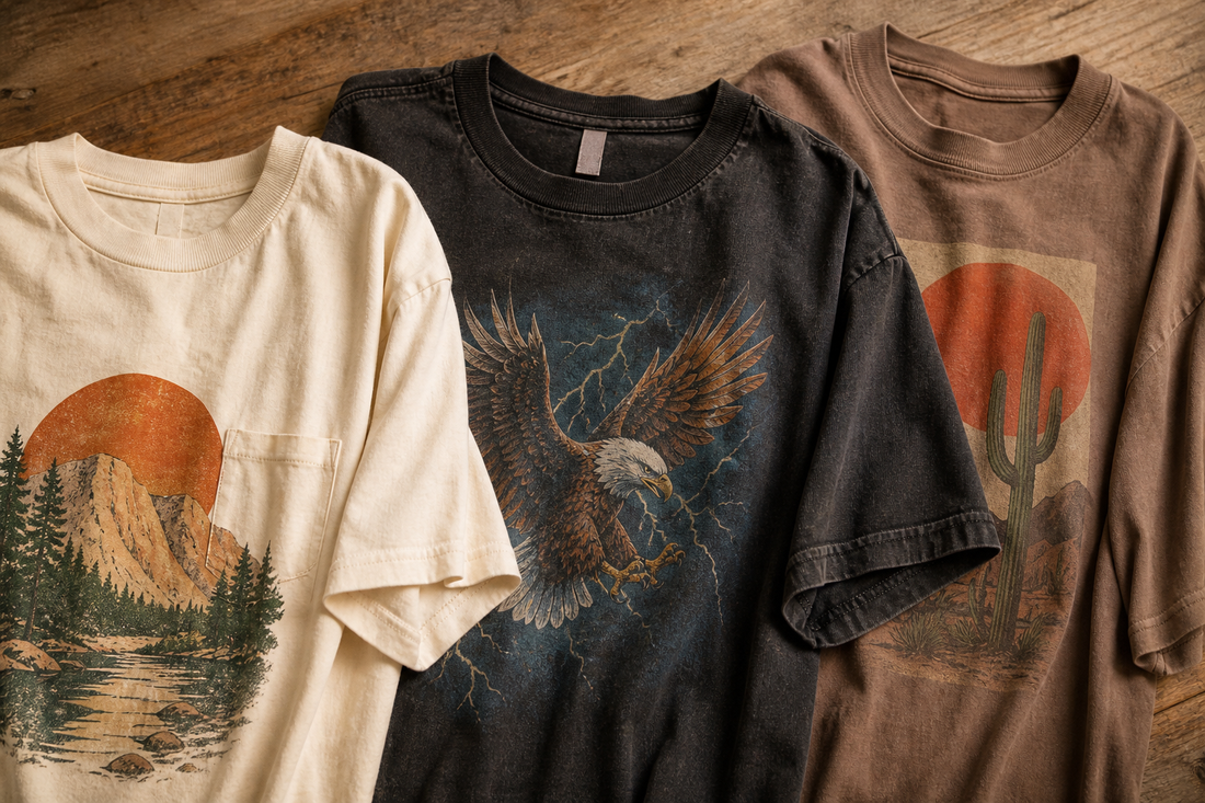 Three graphic t-shirts laid flat showing different fabrics, prints, and fits
