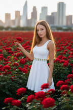 Woman in a white dress holding a red rose in a field of red roses with a city skyline in the background