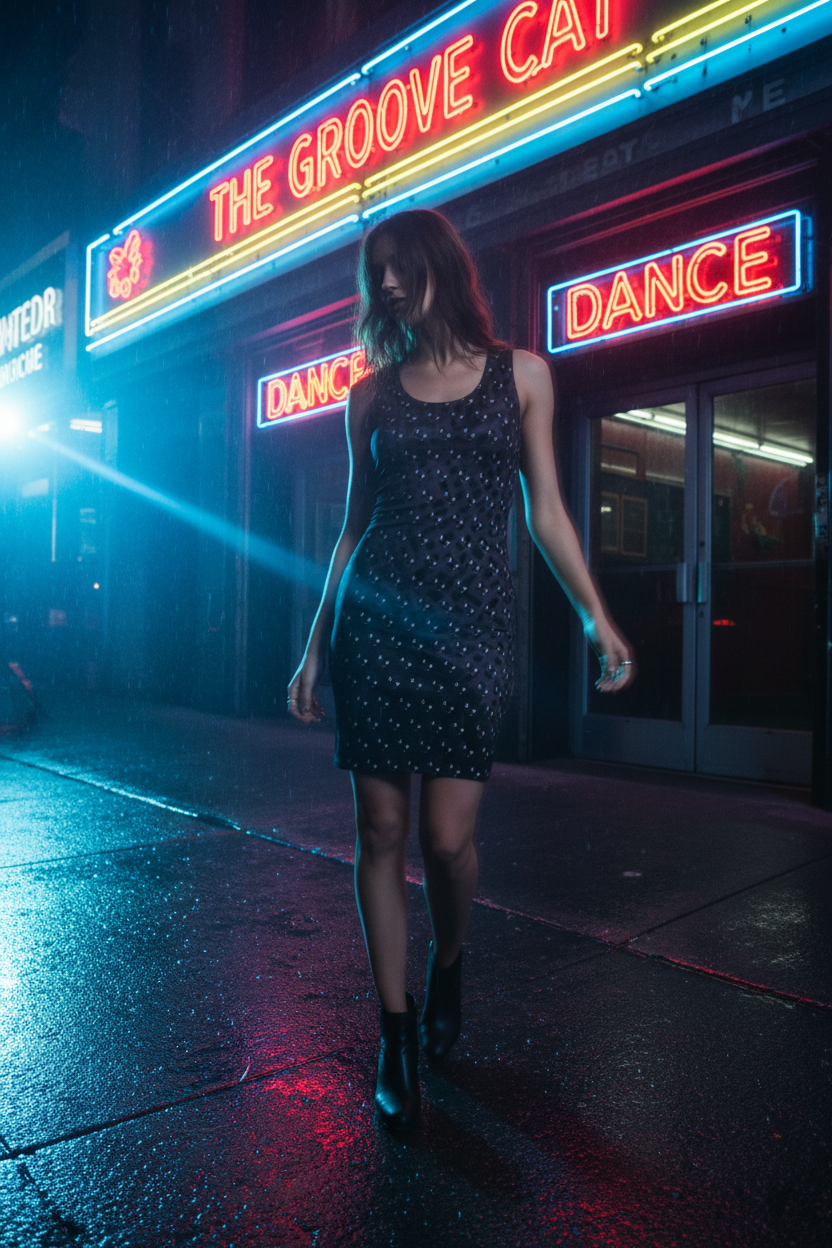 Woman walking on a neon-lit street at night, with 'The Groove Cafe' sign in the background.