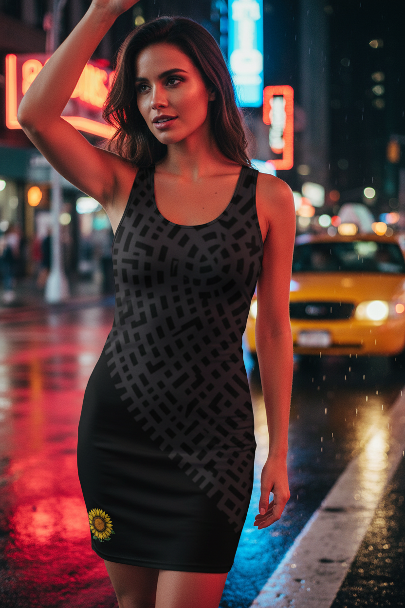 Woman in a black dress with geometric pattern standing on a city street at night.