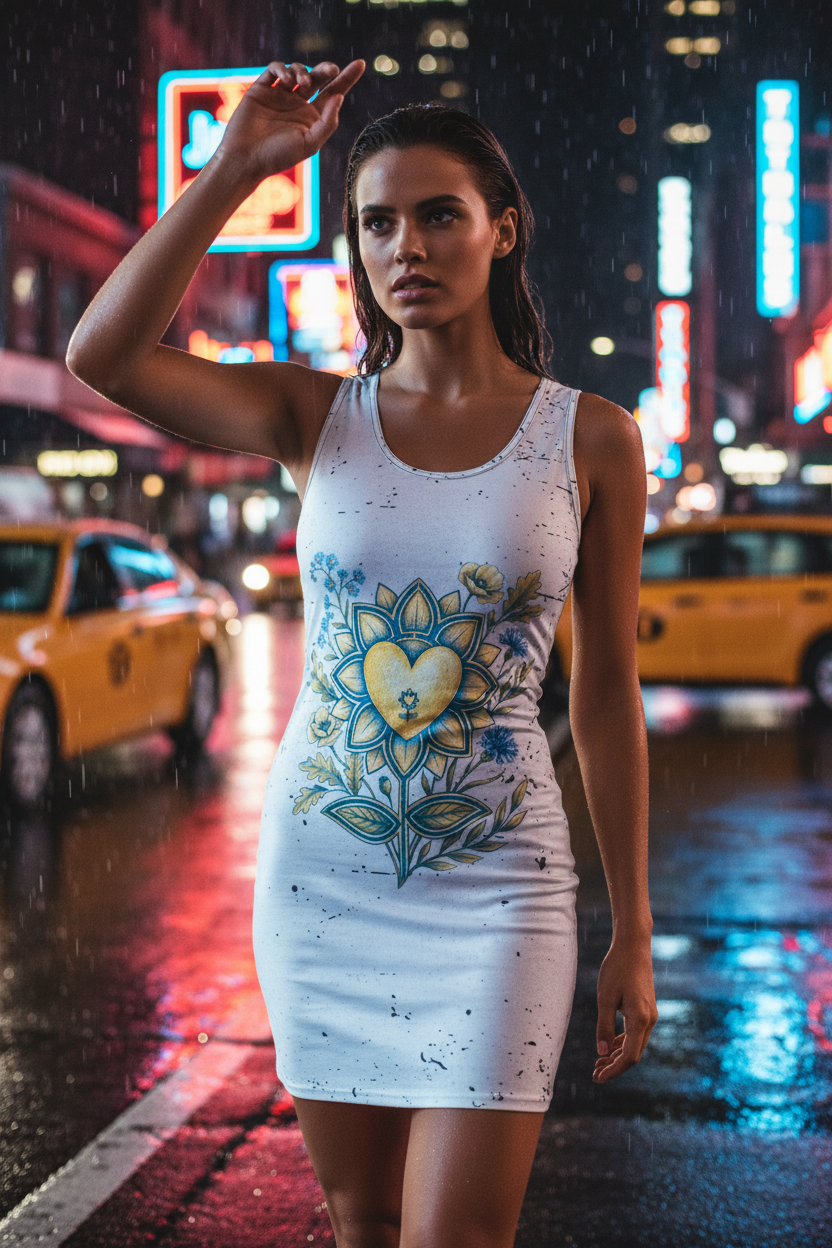 Woman in a white dress with a floral design on a city street at night.
