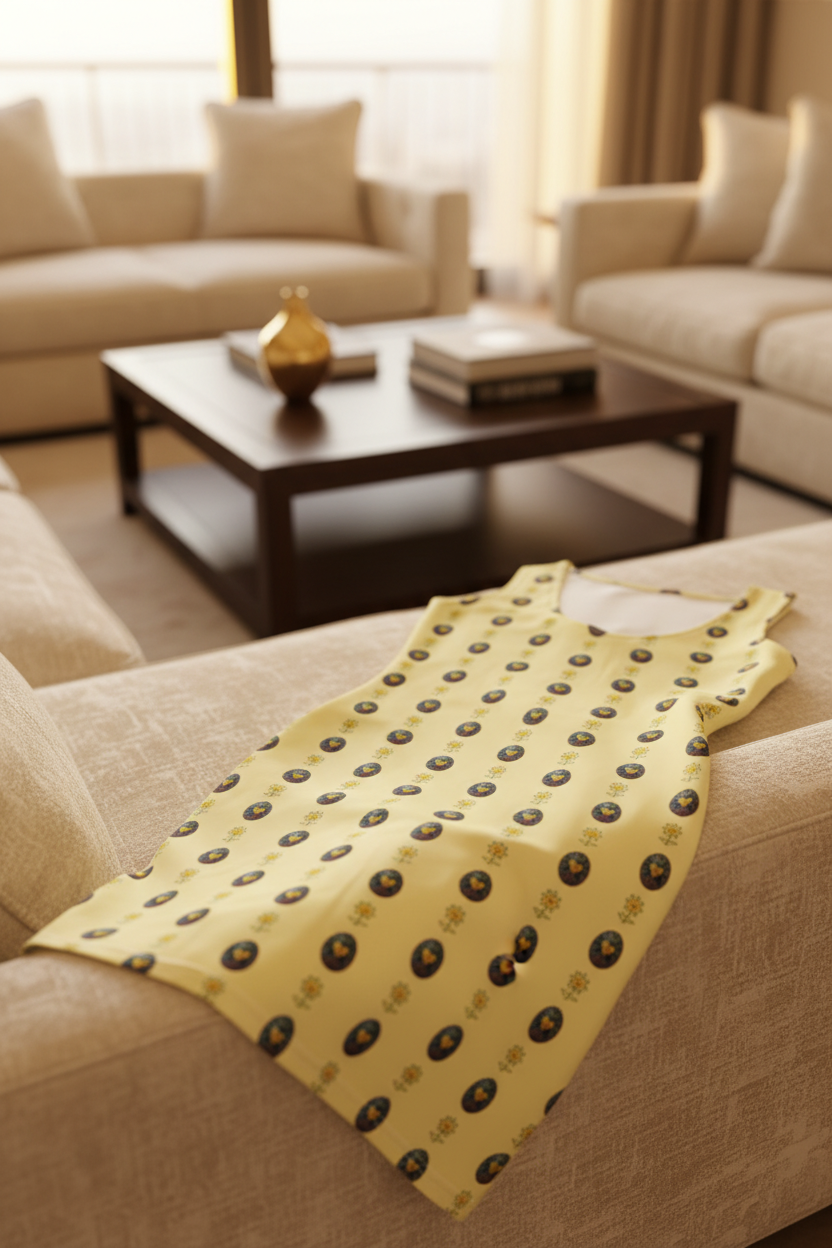 Yellow dress with black polka dots on a beige sofa in a living room.