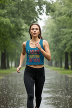 Woman running in the rain wearing a blue tank top with text.