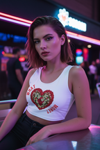 Woman wearing a white tank top with a heart design in a neon-lit urban setting