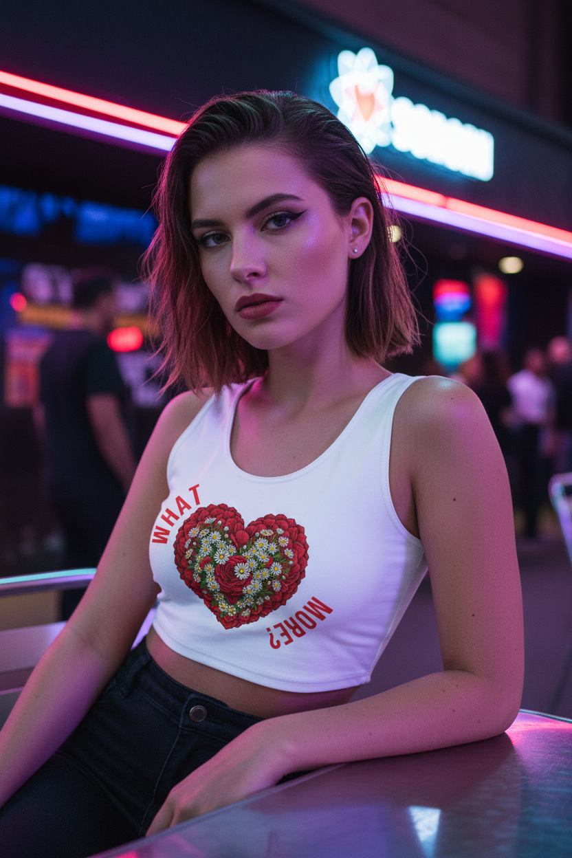 Woman wearing a white tank top with a heart design in a neon-lit urban setting