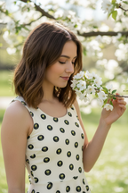 Logo polka-dot apricot white cotton skater dress with fitted bodice and flared mid-thigh skirt