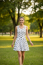 Logo Polka-dot white cotton skater dress with fitted bodice and mid-thigh flared skirt