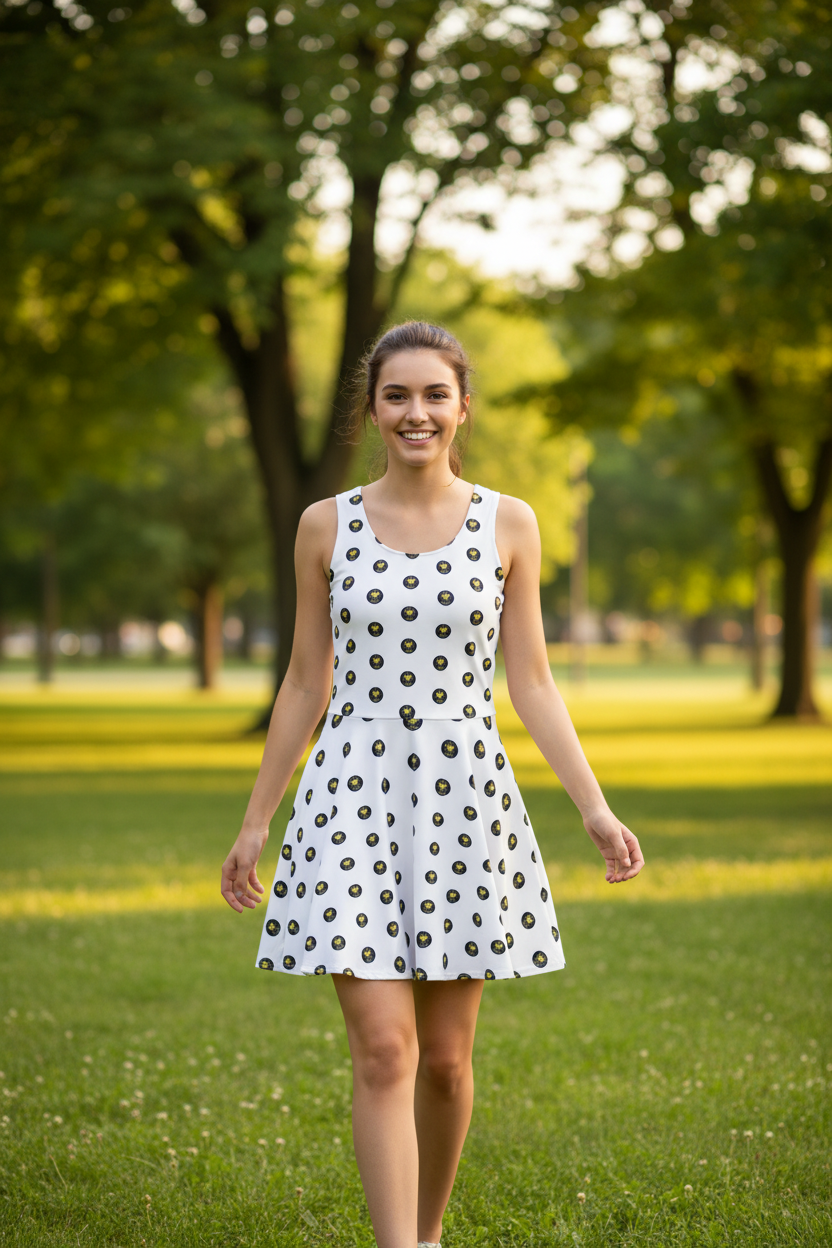 Logo Polka-dot white cotton skater dress with fitted bodice and mid-thigh flared skirt