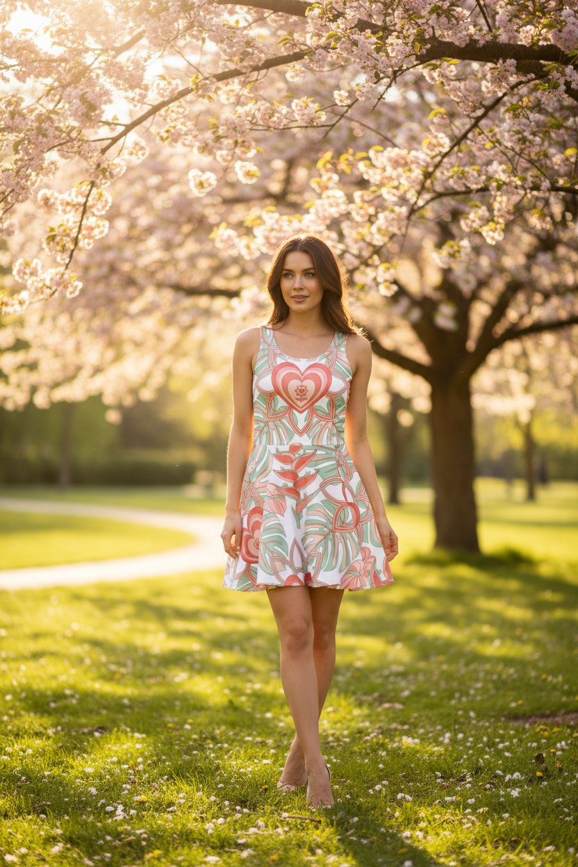 Woman in a floral dress standing under cherry blossom trees in a park
