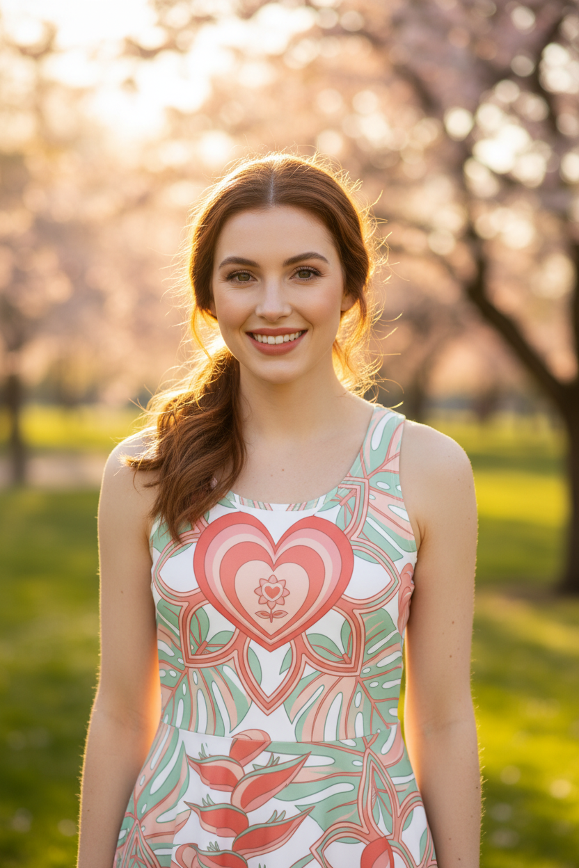 Alivwood Logo Floreal cotton skater dress with fitted bodice, flared mid-thigh skirt, and all-over floral logo print