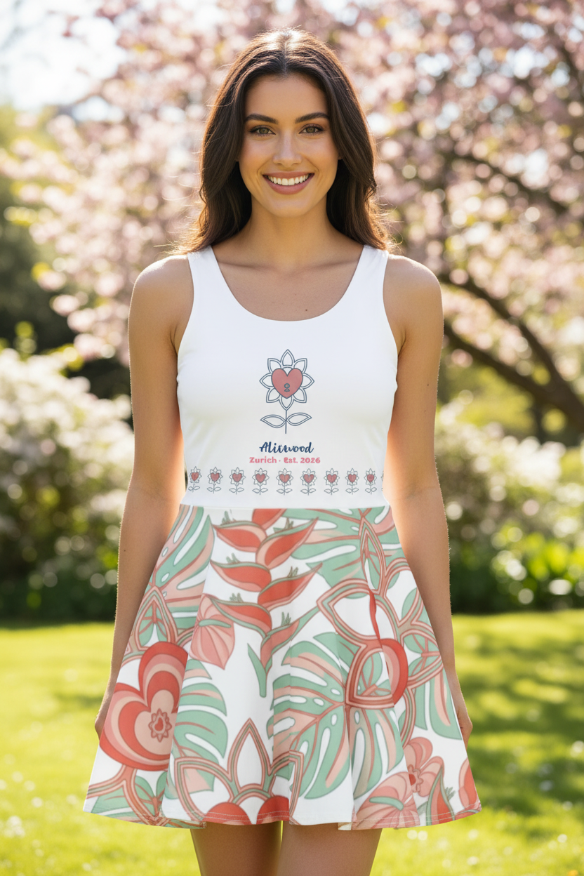 Alivwood Logo Floreal Cotton skater dress with all-over floral print, fitted bodice, and flared mid-thigh skirt