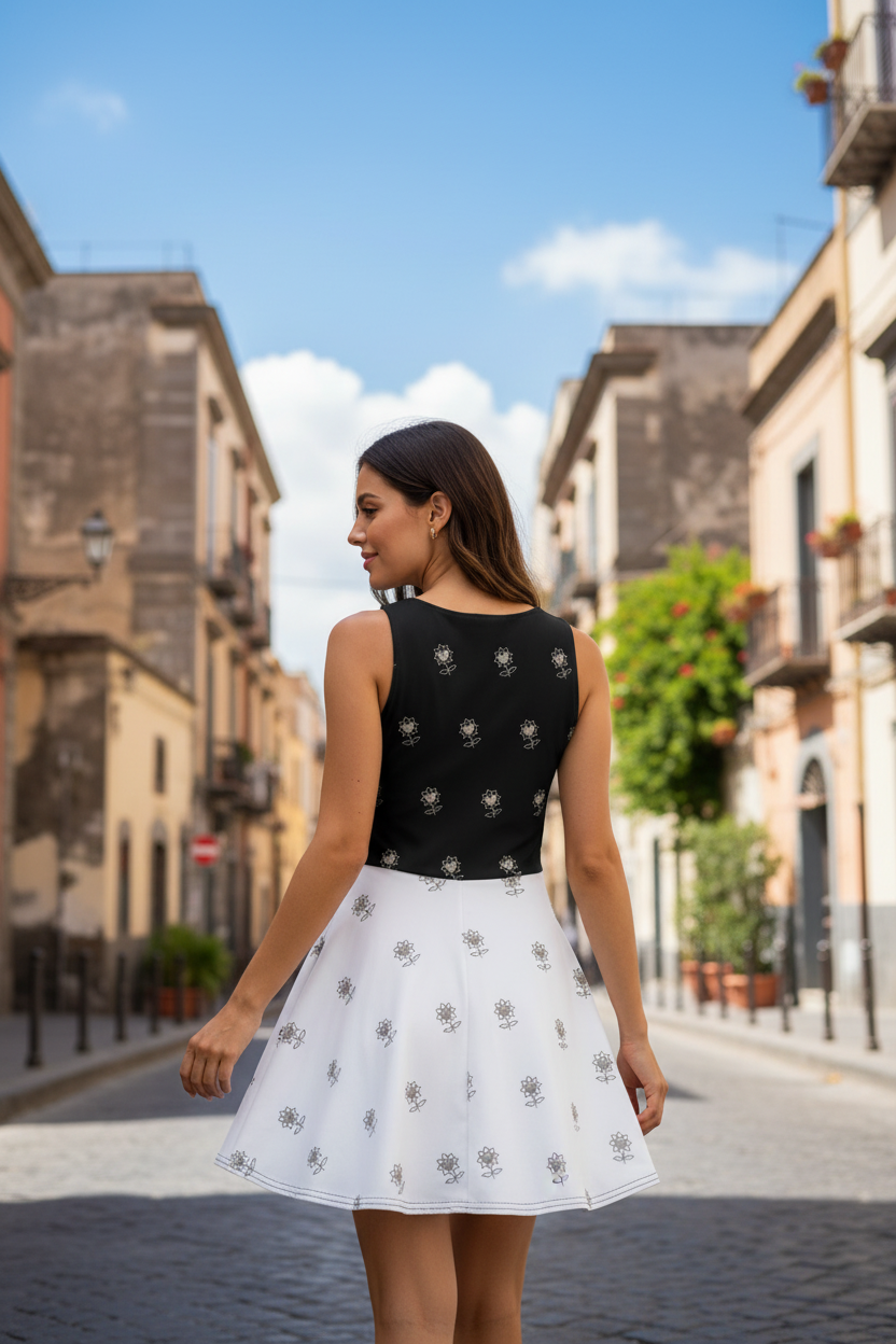 Woman in a black top and white skirt standing on a sunlit street with buildings and plants in the background.