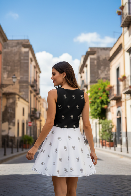 Alivwood flower Top Black Bottom White Cotton skater dress - Alivwood