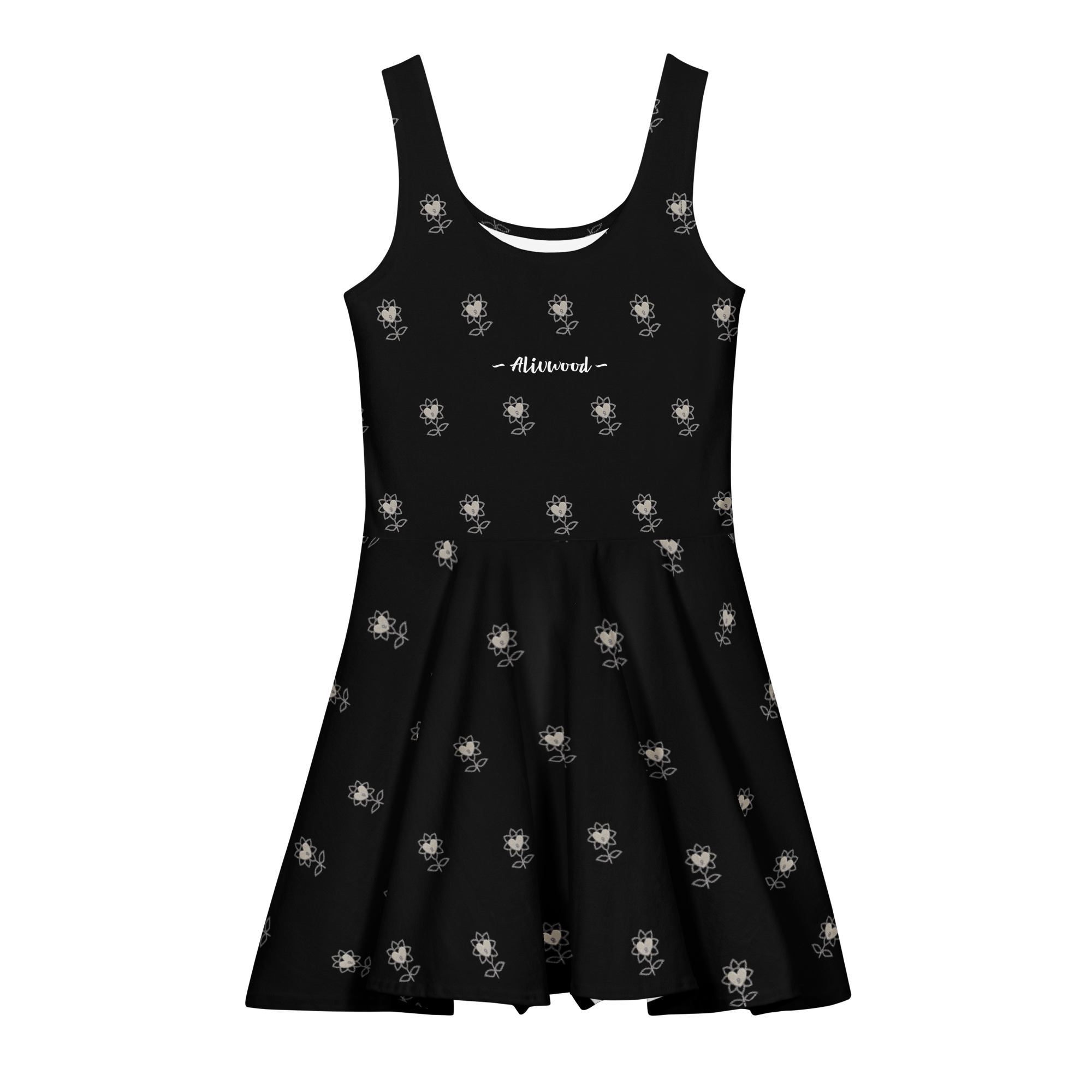 Alivwood Flower AllBlack Cotton Skater Dress