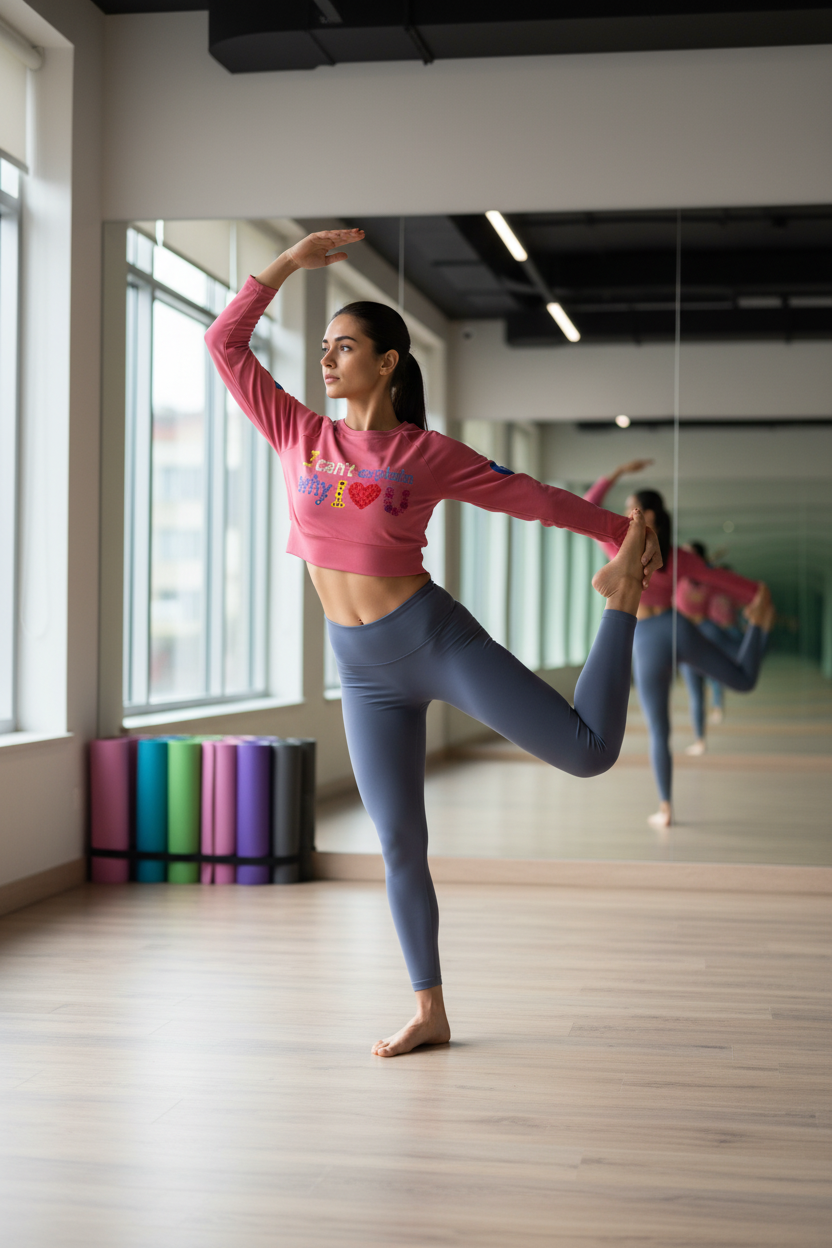 Woman in a pink sweatshirt and gray leggings stretching in a gym.
