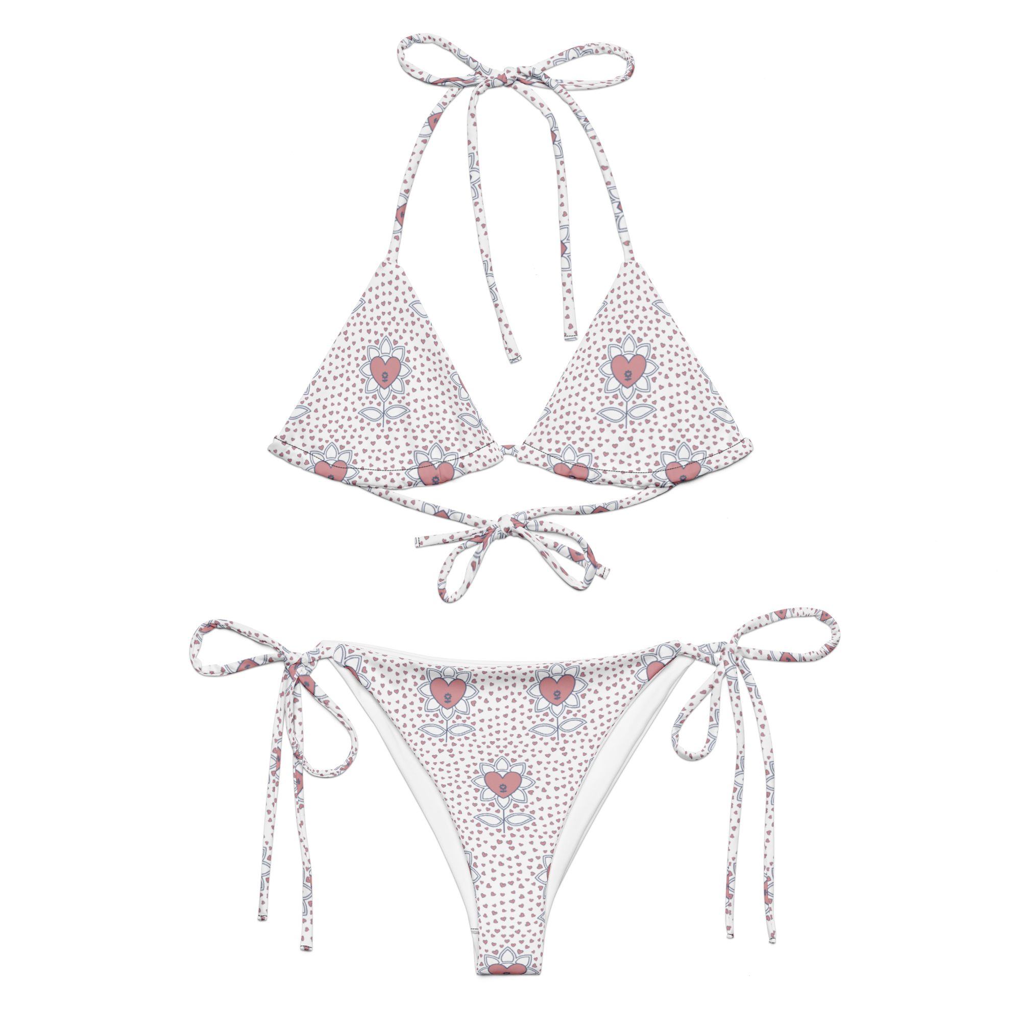 Flower and hearts All-over print recycled string bikini - Alivwood