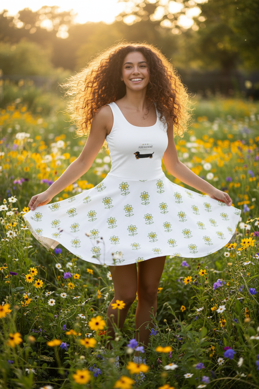 Woman in a white dress with floral pattern standing in a field of wildflowers.