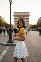 Flower Logo white skater skirt with floral all-over print, mid-thigh flared fit, smooth fabric, and elastic waistband