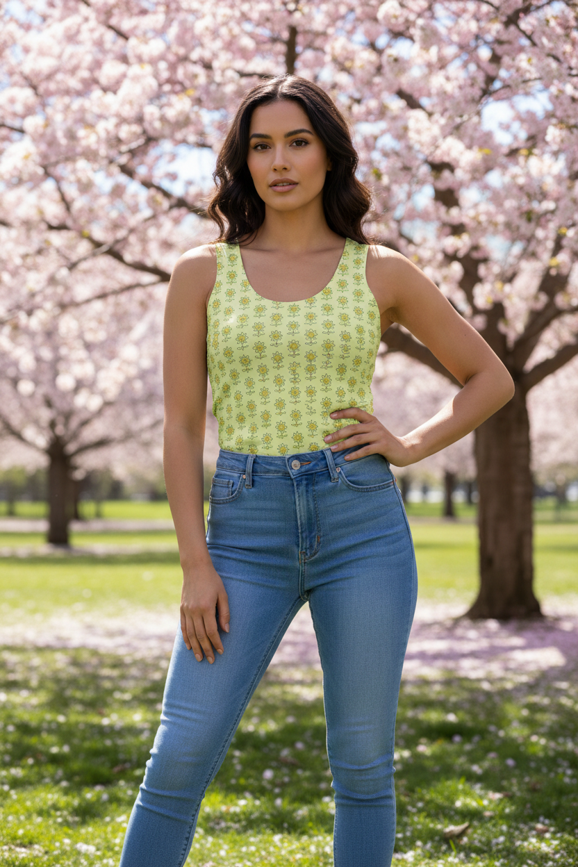 Woman in a green top and blue jeans standing in a park with cherry blossom trees.
