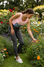 Woman in a pink tank top and gray leggings standing in a garden with flowers.
