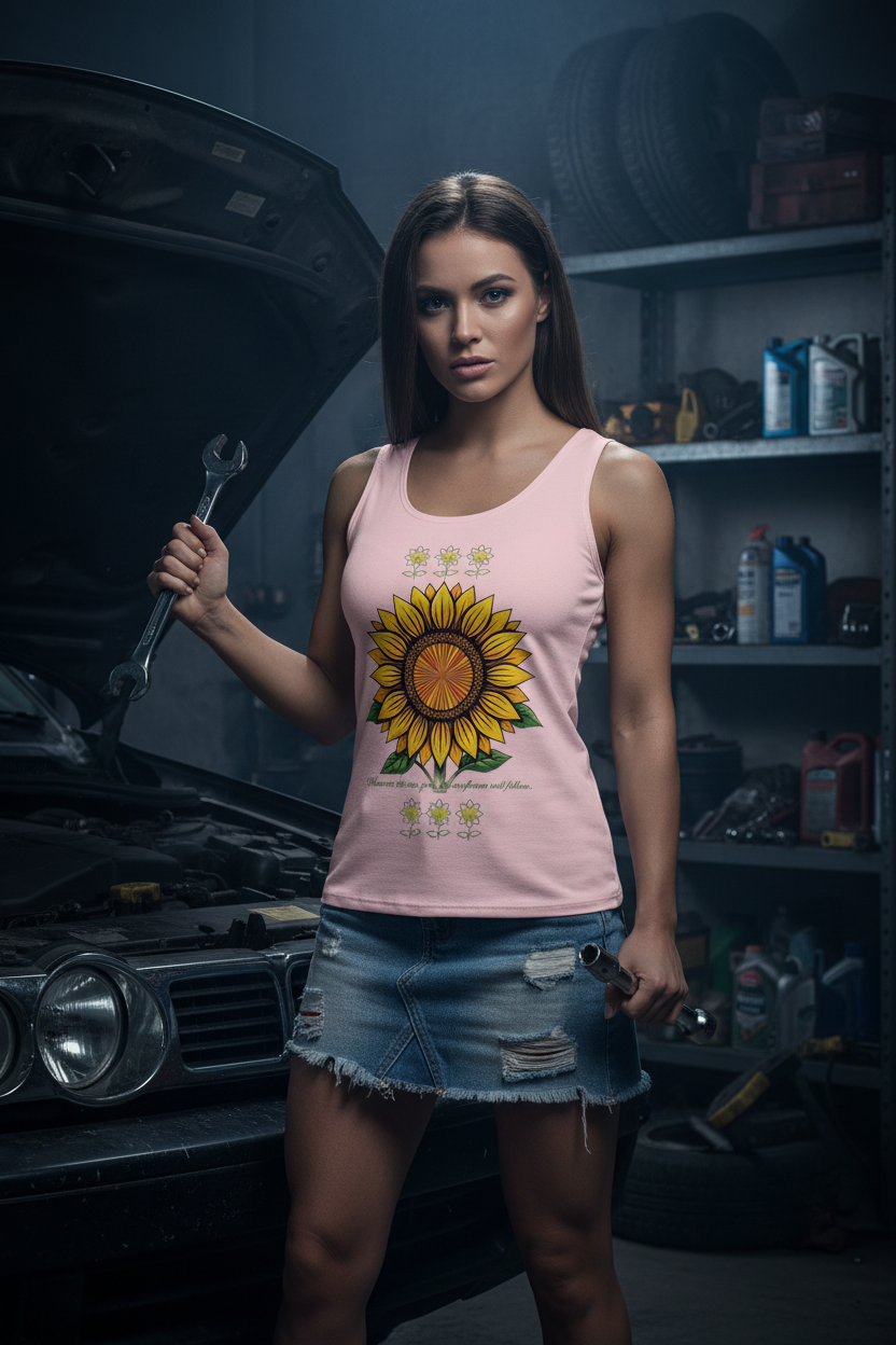 Woman in a garage wearing a pink tank top with a sunflower design.