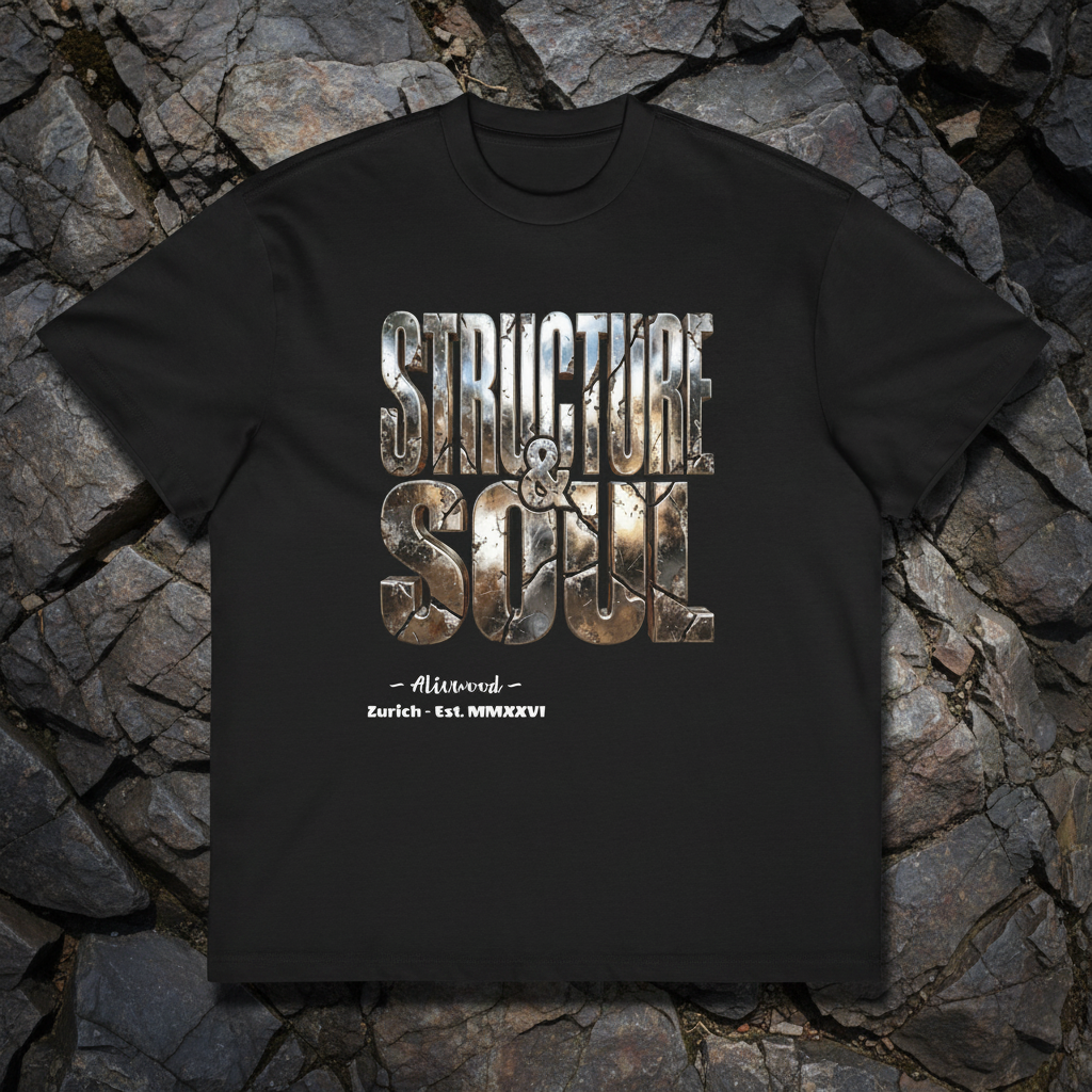 Black t-shirt with 'Structure & Soul' design on a stone surface