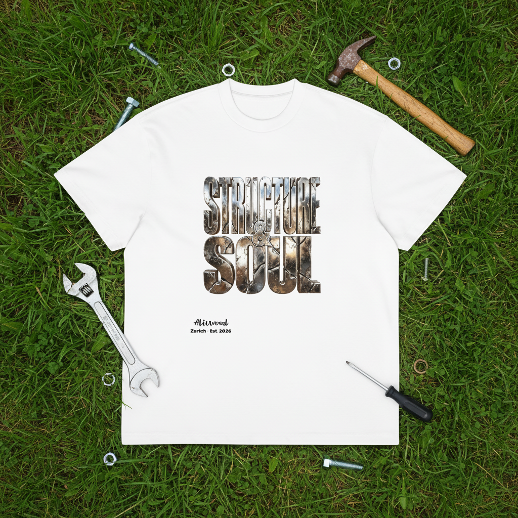 White t-shirt with 'Struggle for the Soul' graphic on grass with tools around