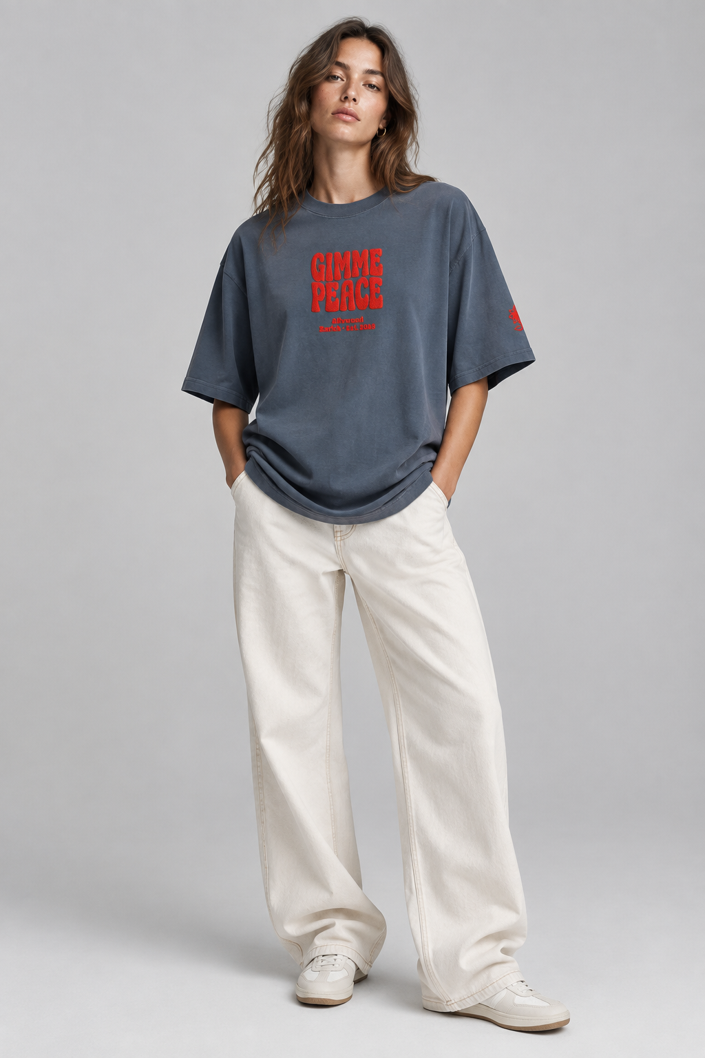 Gimme peace Embroidery Oversized faded t-shirt - Alivwood