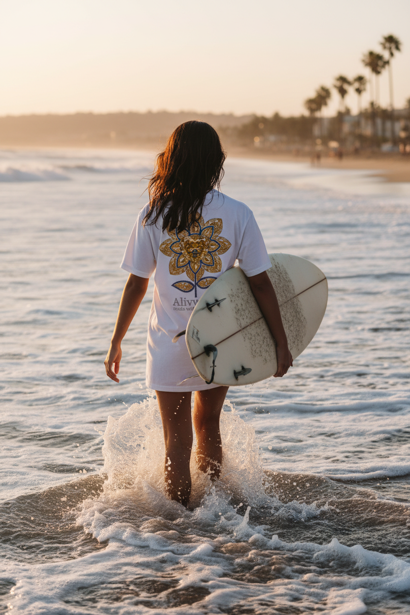 Person holding a surfboard walking into the ocean at sunset
