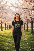 Woman walking in a park with cherry blossom trees, wearing a black t-shirt with text.
