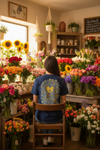 Person in a floral shop surrounded by various flower arrangements.