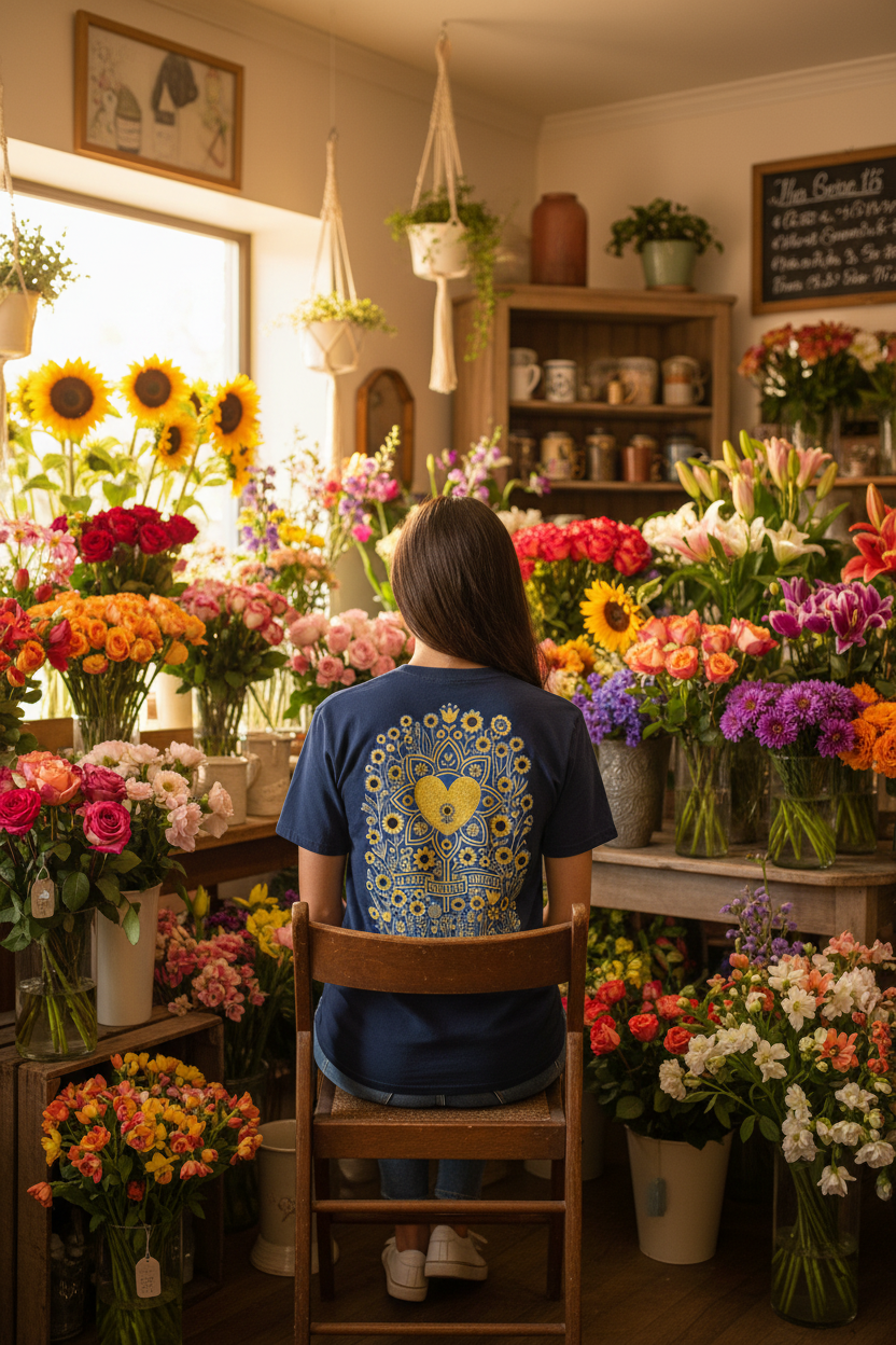 Person in a floral shop surrounded by various flower arrangements.