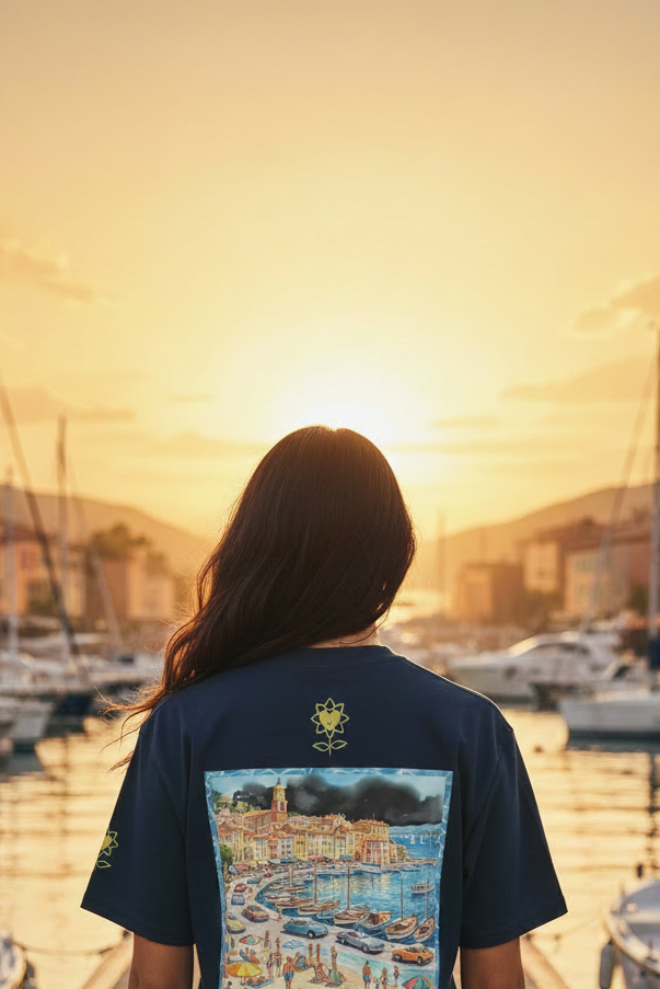 Person wearing a t-shirt with a scenic design, standing in a harbor at sunset.