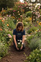 Woman tending to flowers in a lush garden