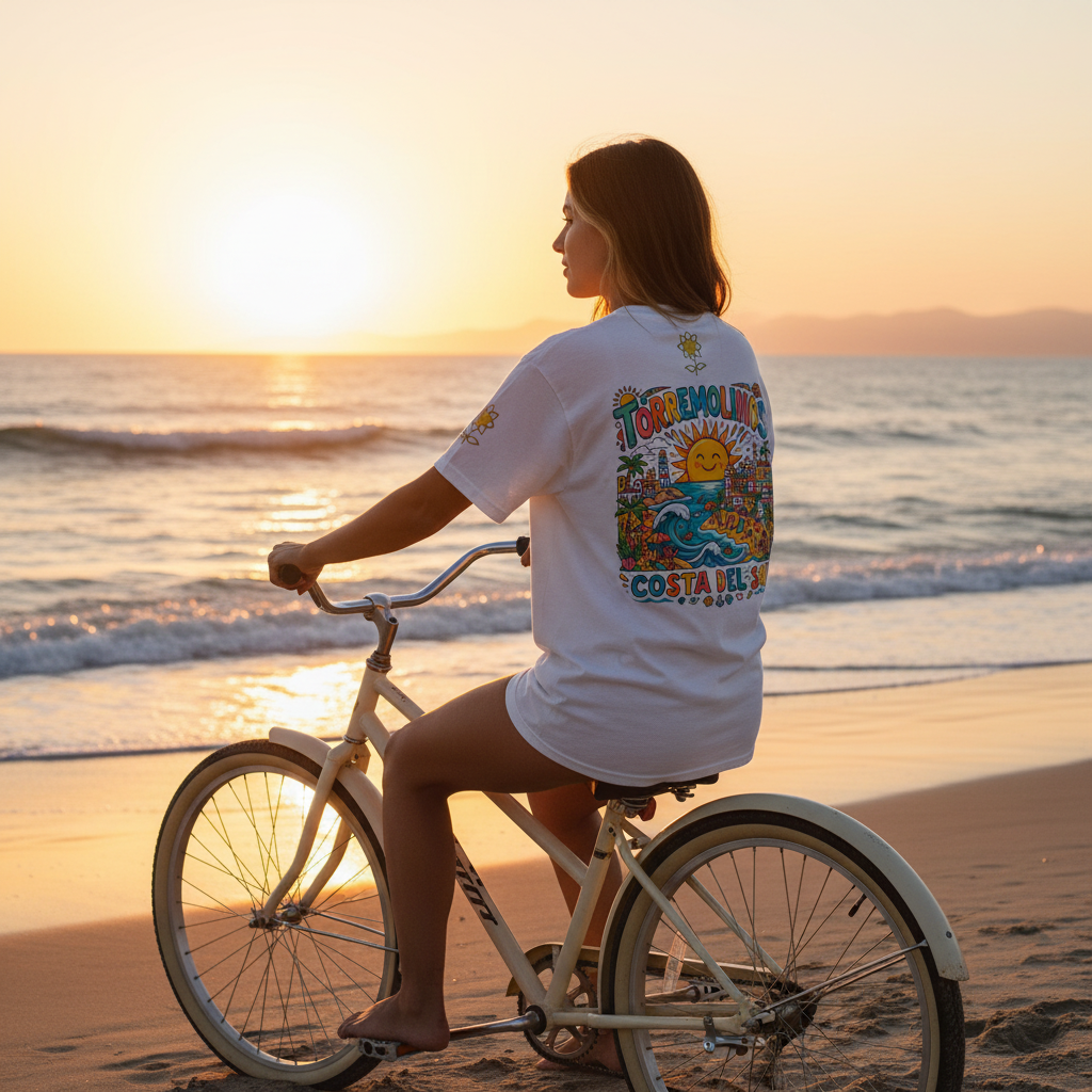 Woman riding a bicycle on a beach at sunset with a colorful shirt.