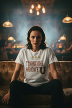 Woman wearing a white t-shirt with text sitting on a couch in a dimly lit room.