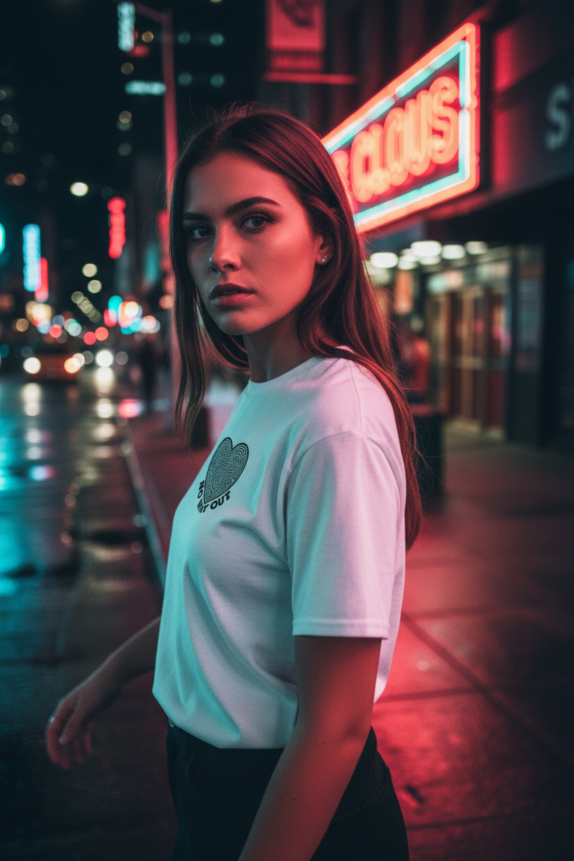 Woman standing on a neon-lit street at night