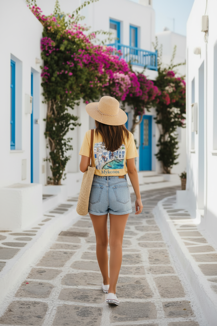 woman walking through streets of Mykonos