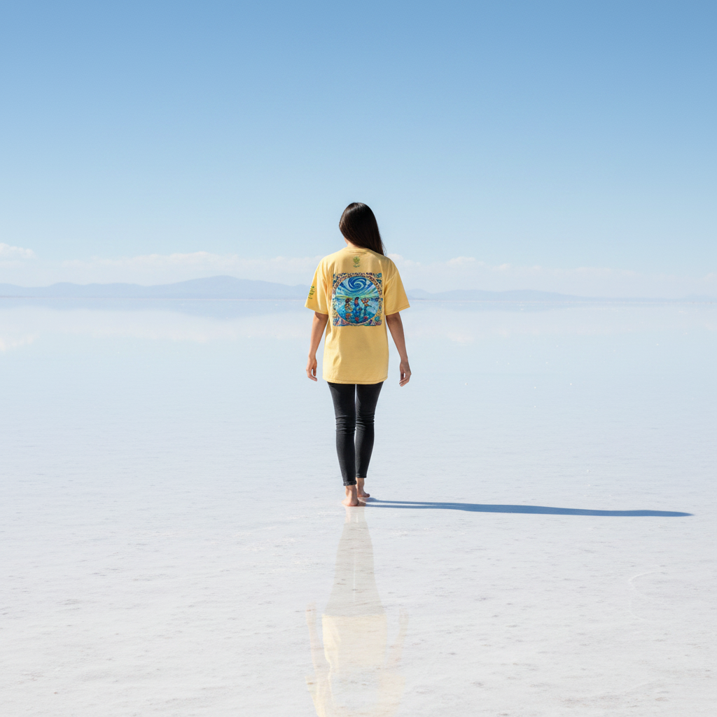 Person wearing a yellow shirt with a graphic design walking on a reflective salt flat.