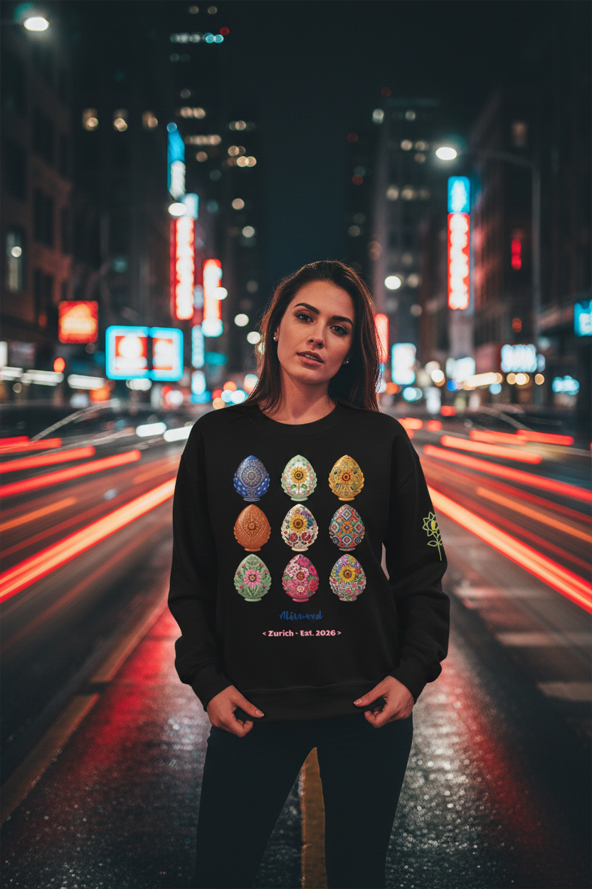 Woman wearing a black sweatshirt with colorful designs on a city street at night.